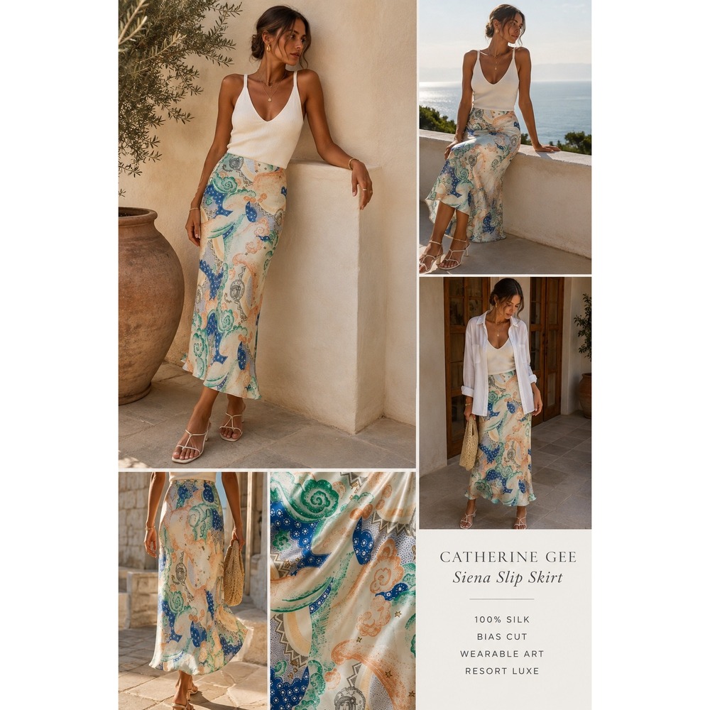 Catherine Gee Siena Silk Slip Skirt XS NWOTNW Siena Print Bias Cut Resort